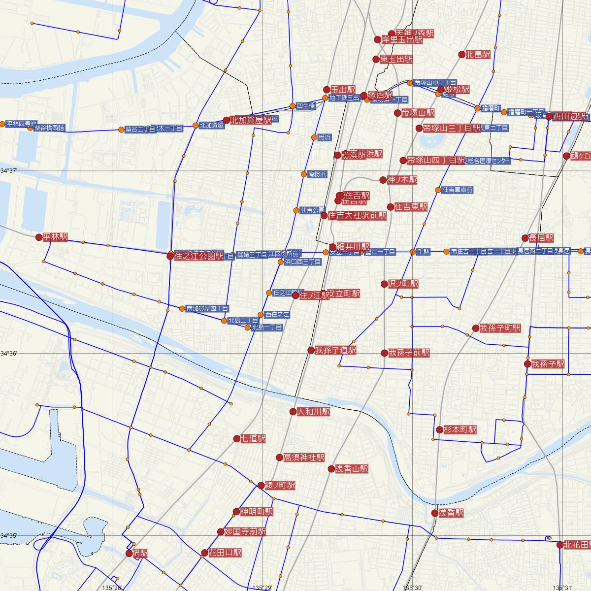 住ノ江駅（南海電鉄）周辺のバス路線図