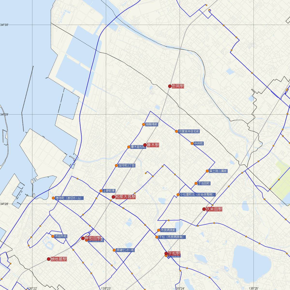 春木駅（南海電鉄）周辺のバス路線図