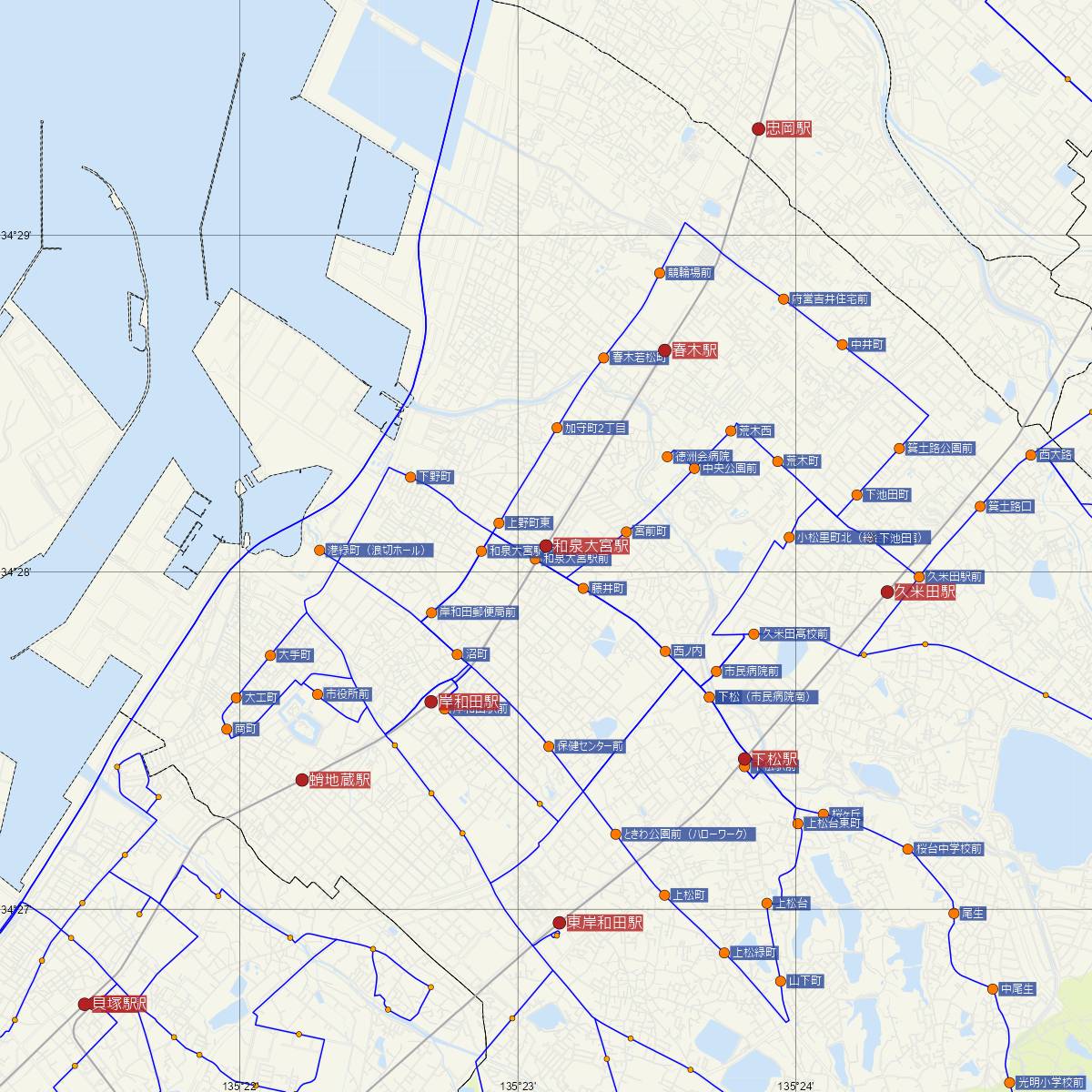 和泉大宮駅（南海電鉄）周辺のバス路線図