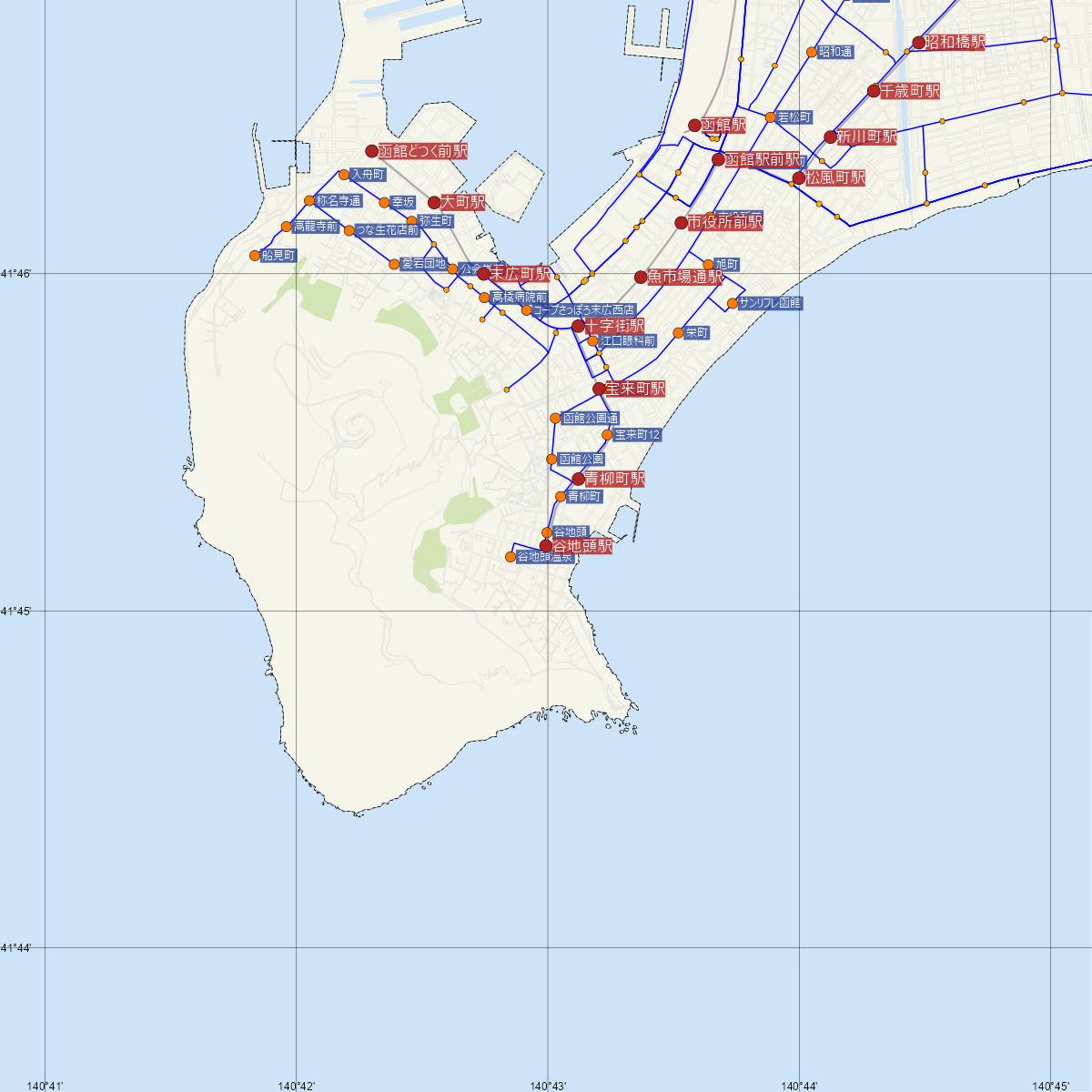 谷地頭駅（函館市電）周辺のバス路線図