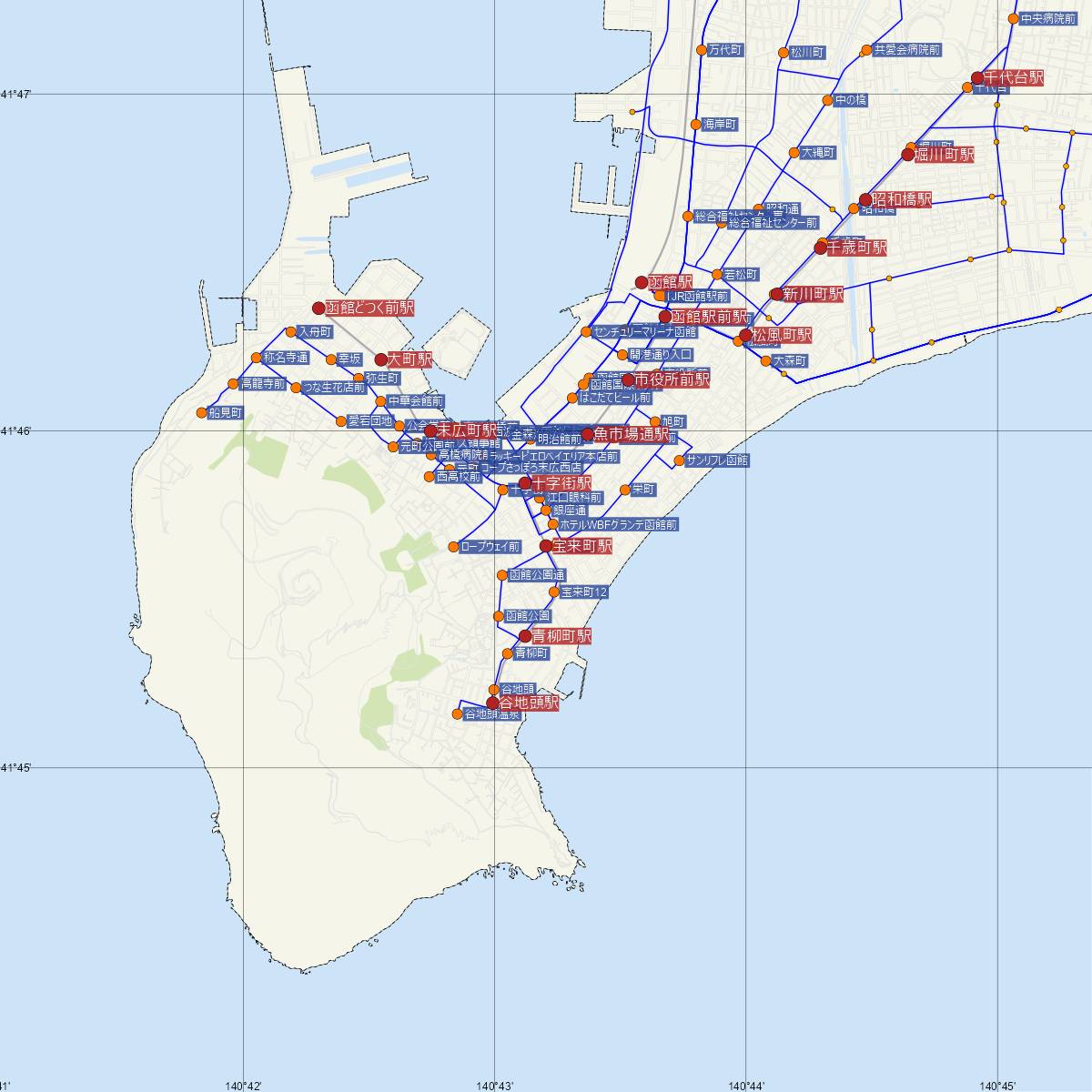 宝来町駅（函館市電）周辺のバス路線図