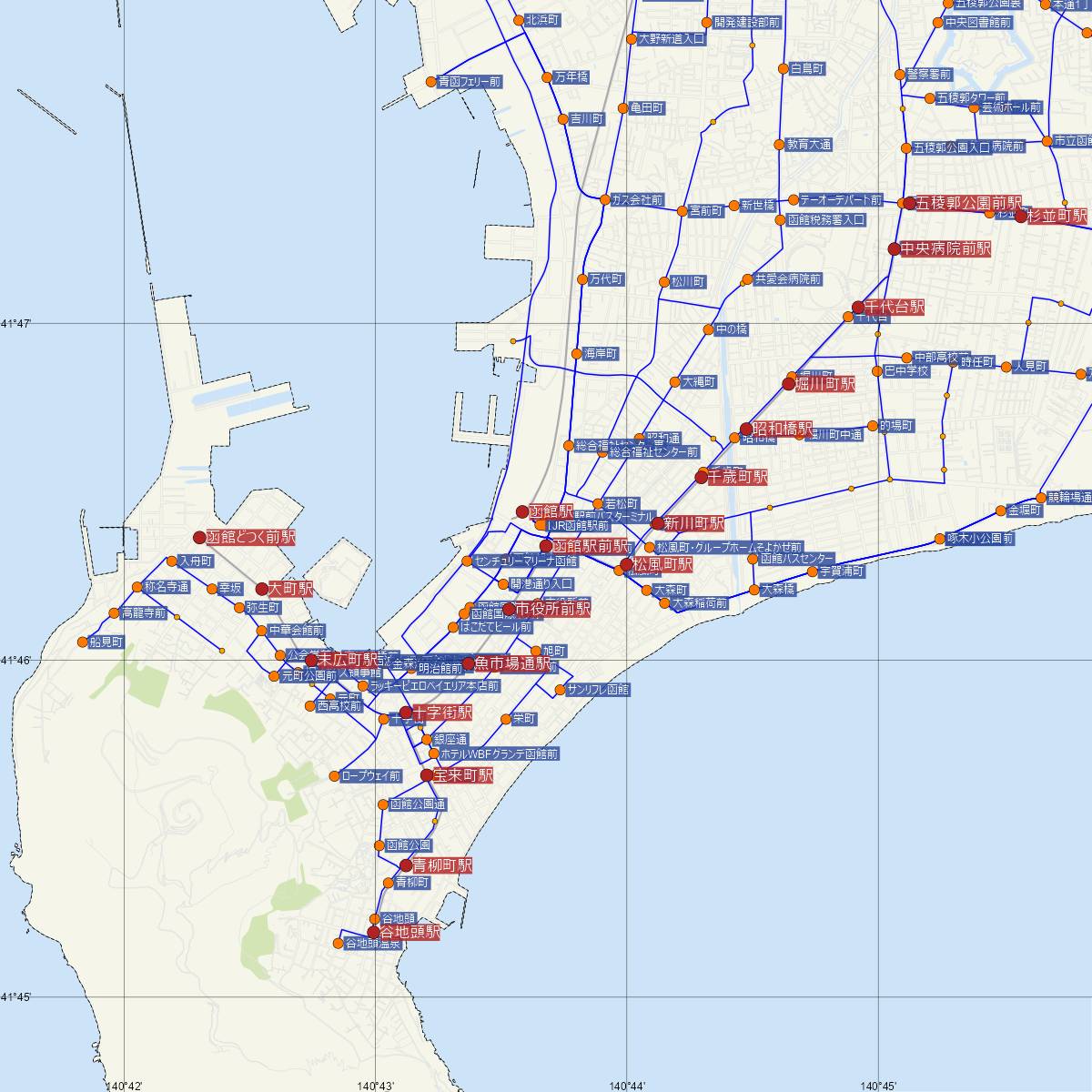 函館駅前駅（函館市電）周辺のバス路線図