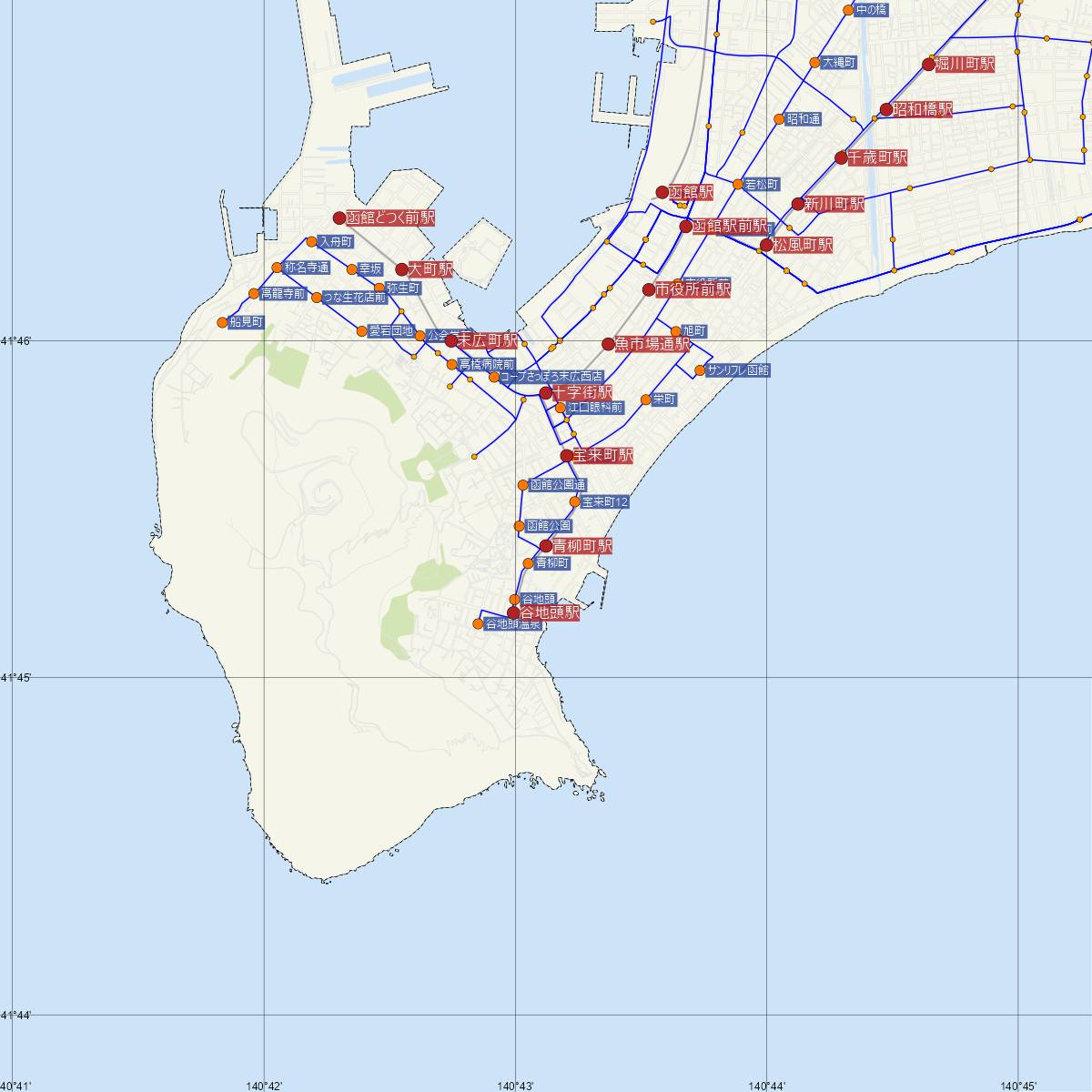 青柳町駅（函館市電）周辺のバス路線図