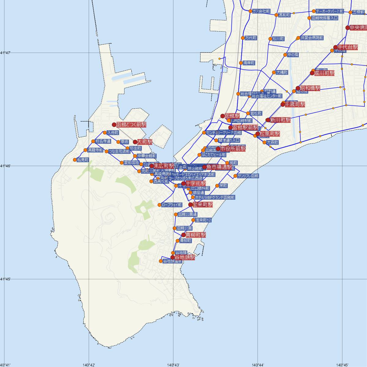 十字街駅（函館市電）周辺のバス路線図