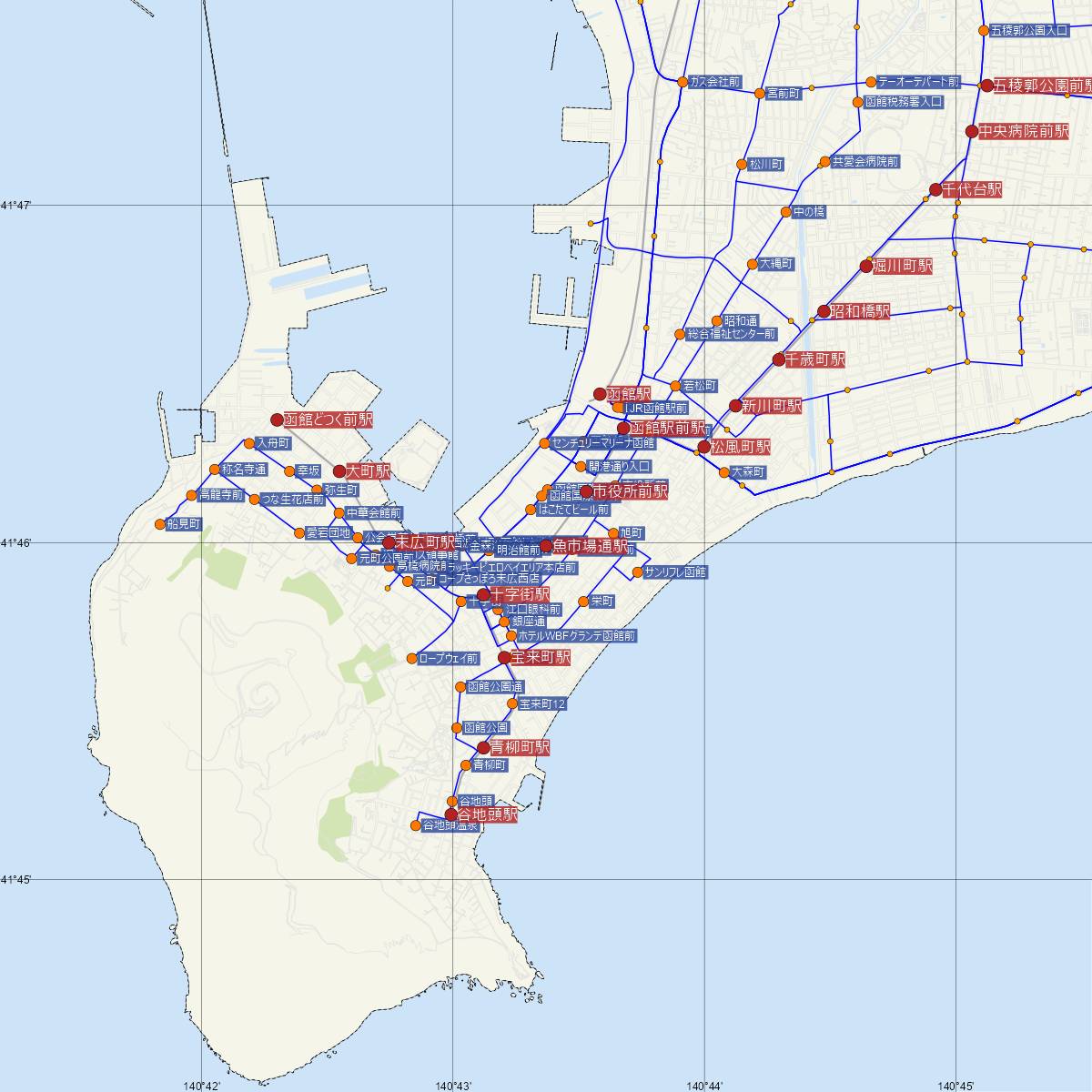 魚市場通駅（函館市電）周辺のバス路線図