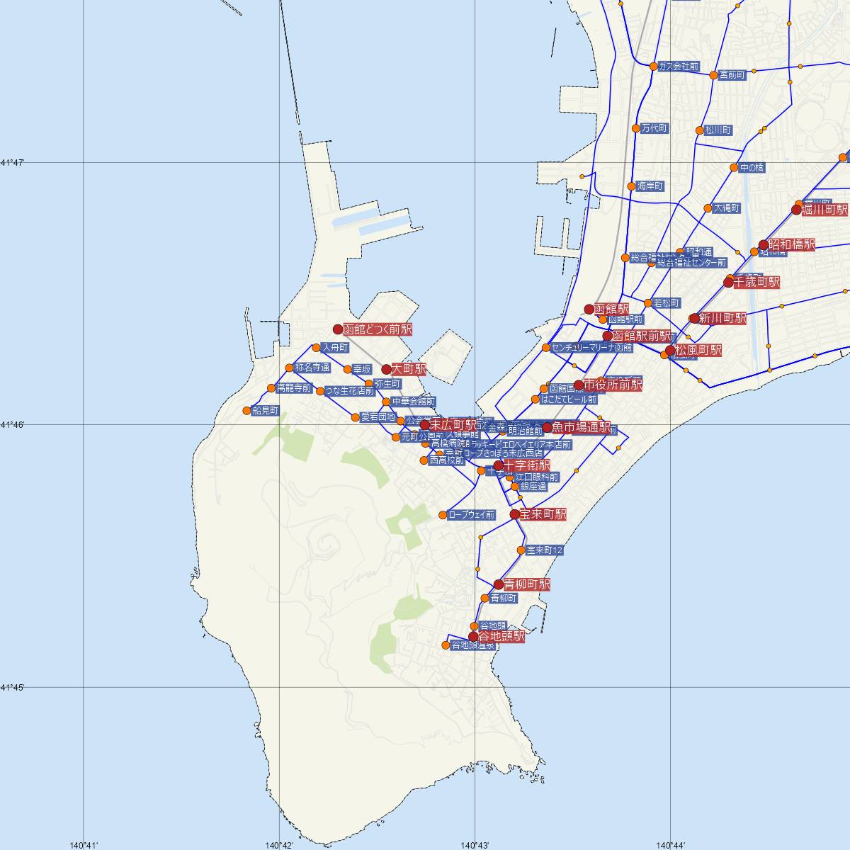 末広町駅（函館市電）周辺のバス路線図