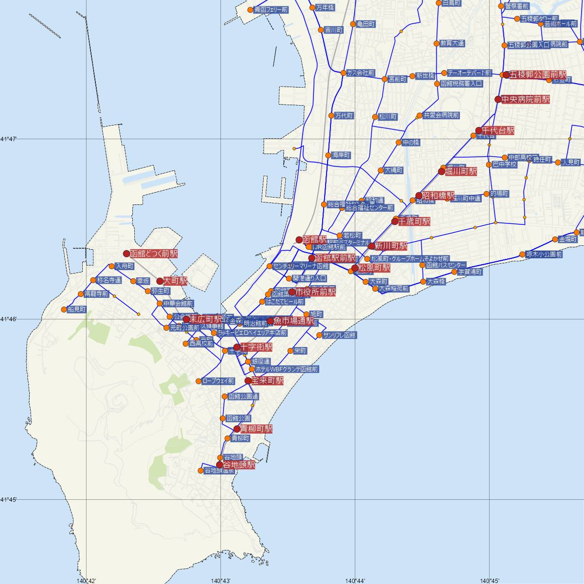 市役所前駅（函館市電）周辺のバス路線図