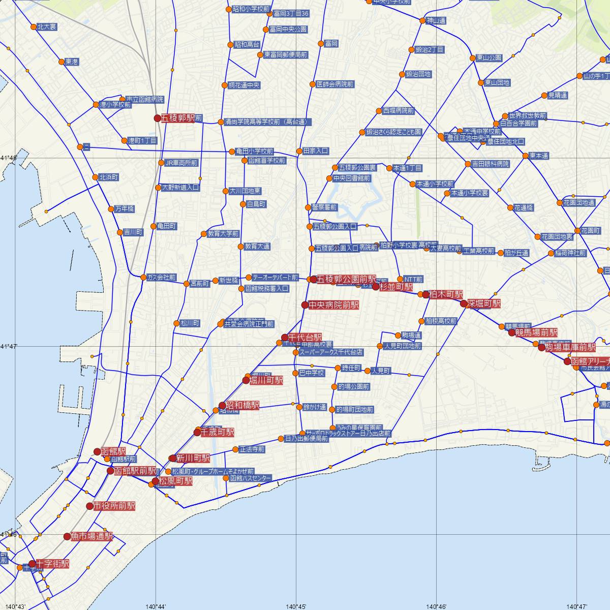 中央病院前駅（函館市電）周辺のバス路線図