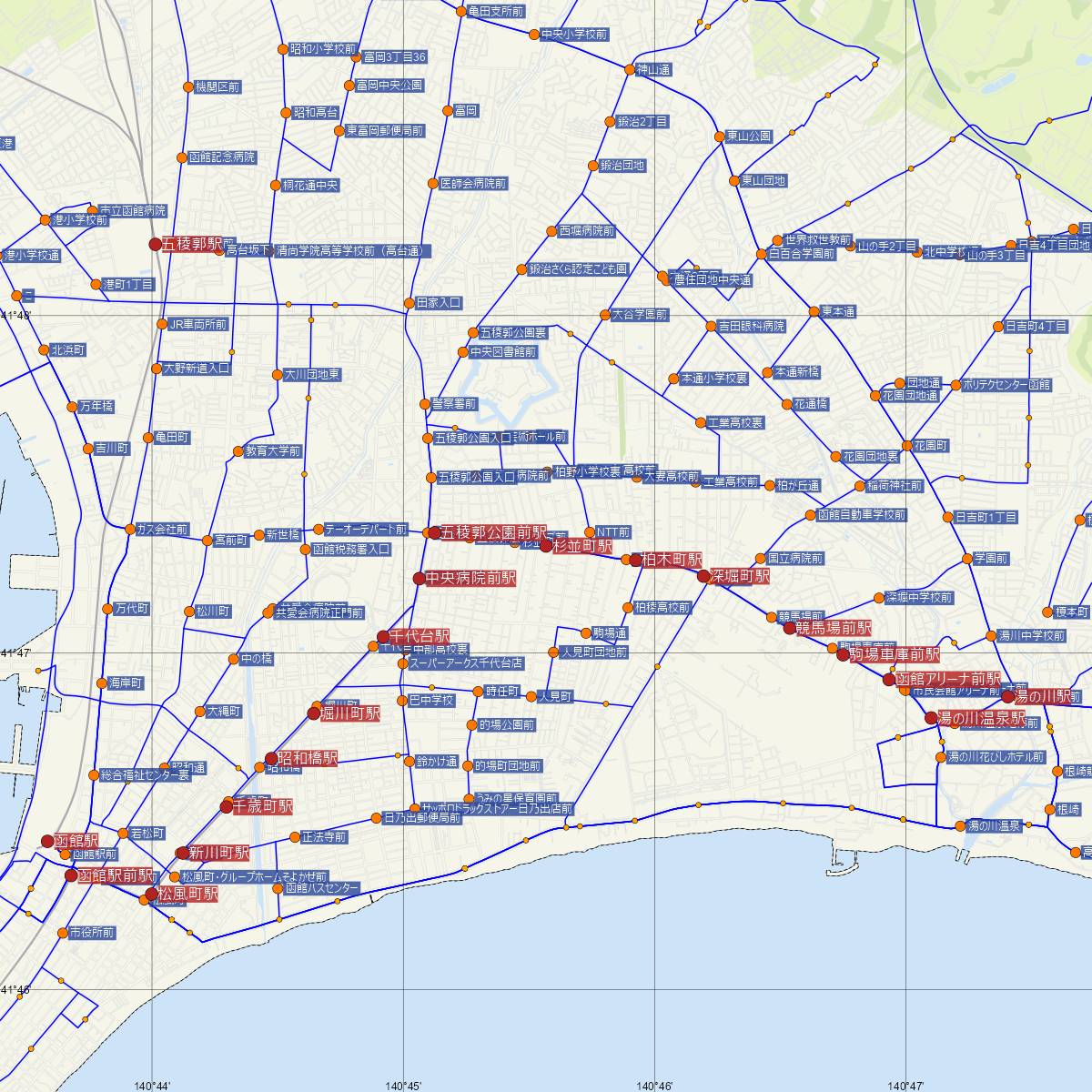 杉並町駅（函館市電）周辺のバス路線図