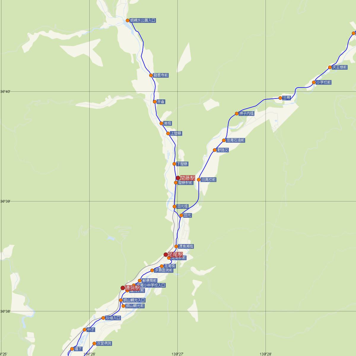 間藤駅（わたらせ渓谷鐵道）周辺のバス路線図