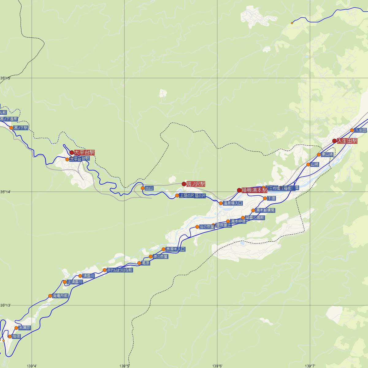 塔ノ沢駅（箱根登山鉄道）周辺のバス路線図