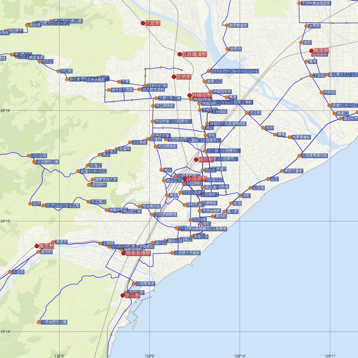 小田原駅（箱根登山鉄道）周辺のバス路線図