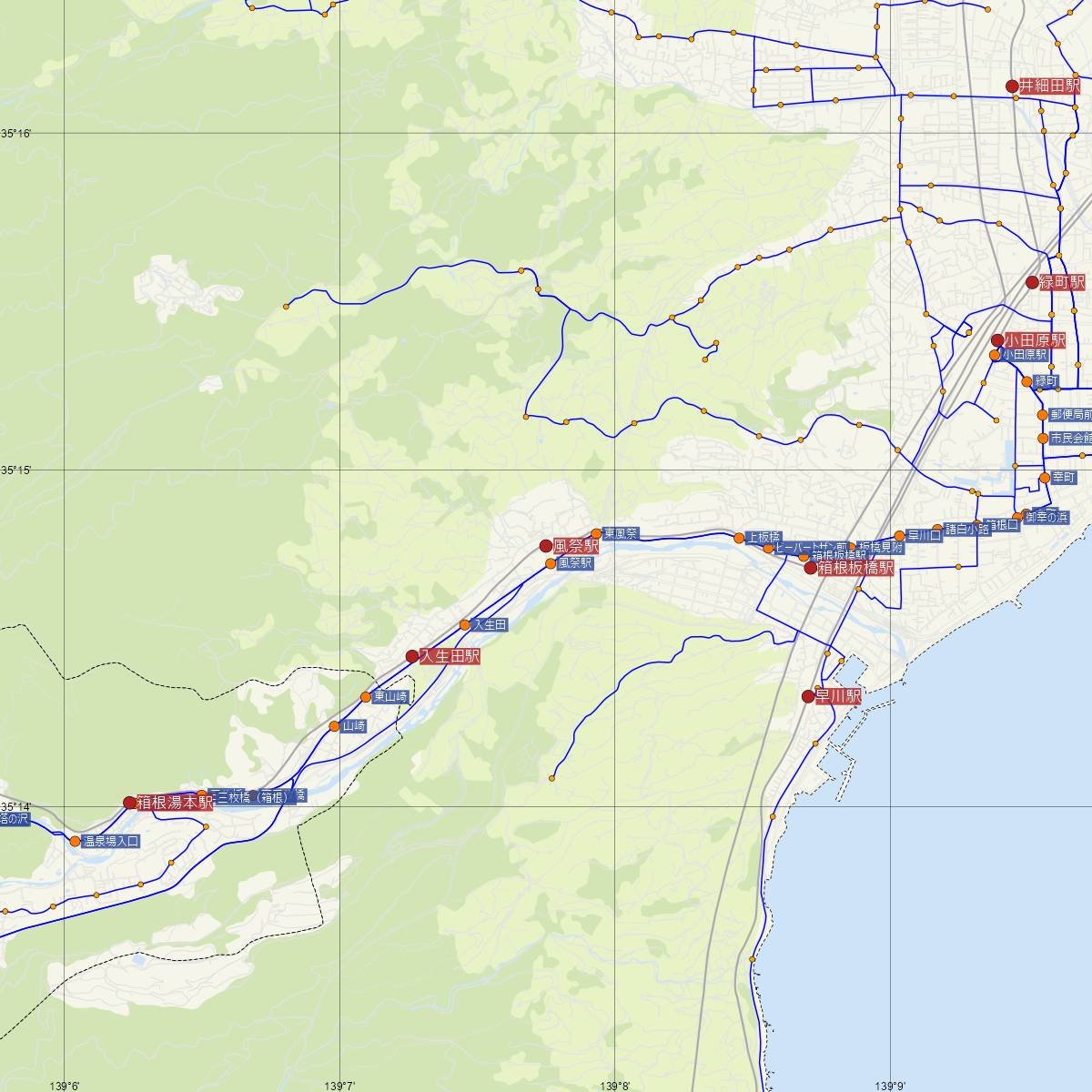 風祭駅（箱根登山鉄道）周辺のバス路線図