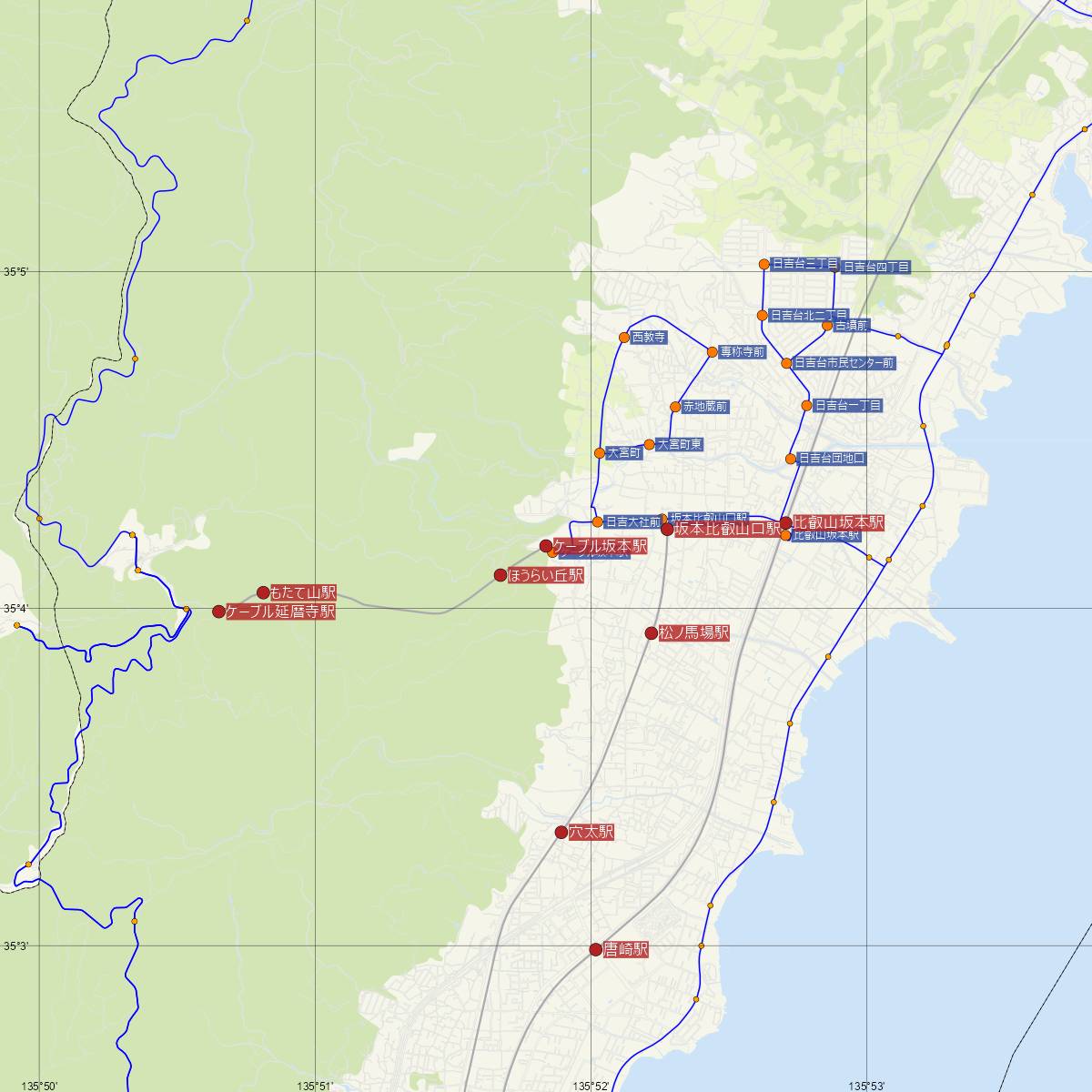 ケーブル坂本駅（比叡山鉄道）周辺のバス路線図