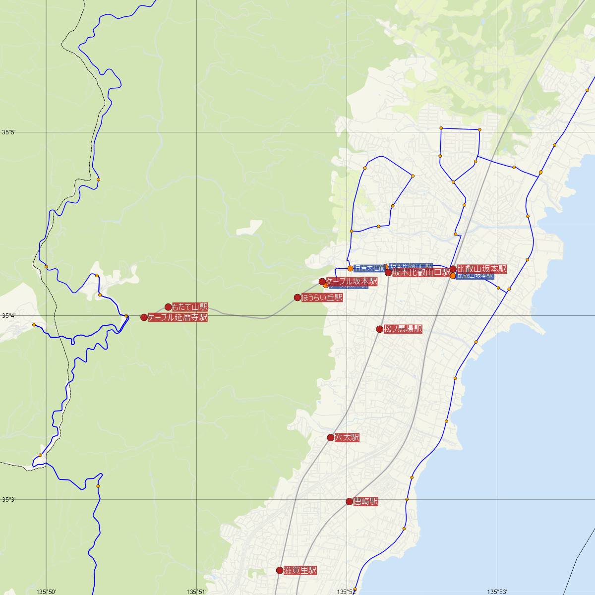 ほうらい丘駅（比叡山鉄道）周辺のバス路線図