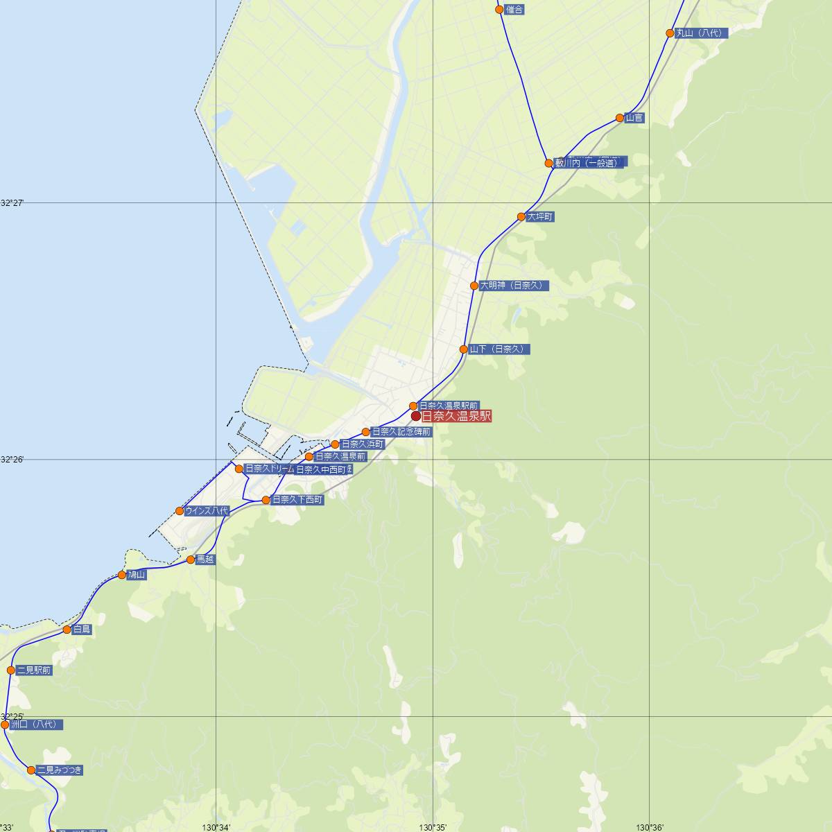 日奈久温泉駅（肥薩おれんじ鉄道）周辺のバス路線図