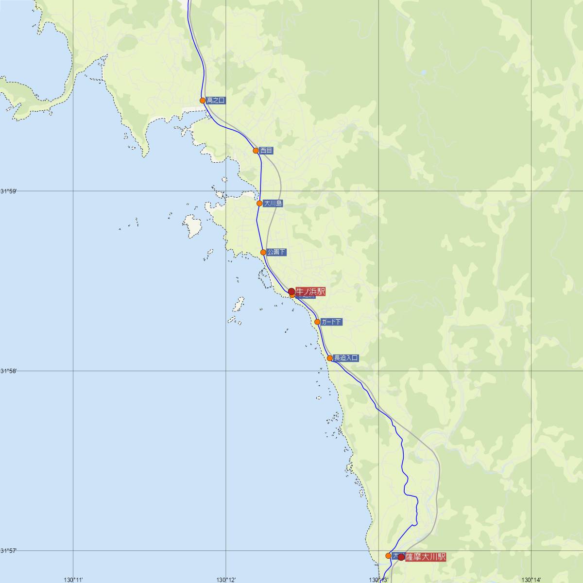 牛ノ浜駅（肥薩おれんじ鉄道）周辺のバス路線図