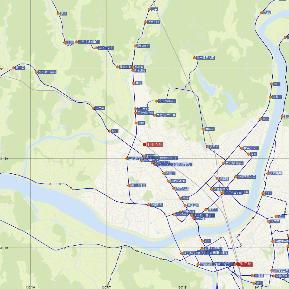 上川内駅（肥薩おれんじ鉄道）周辺のバス路線図
