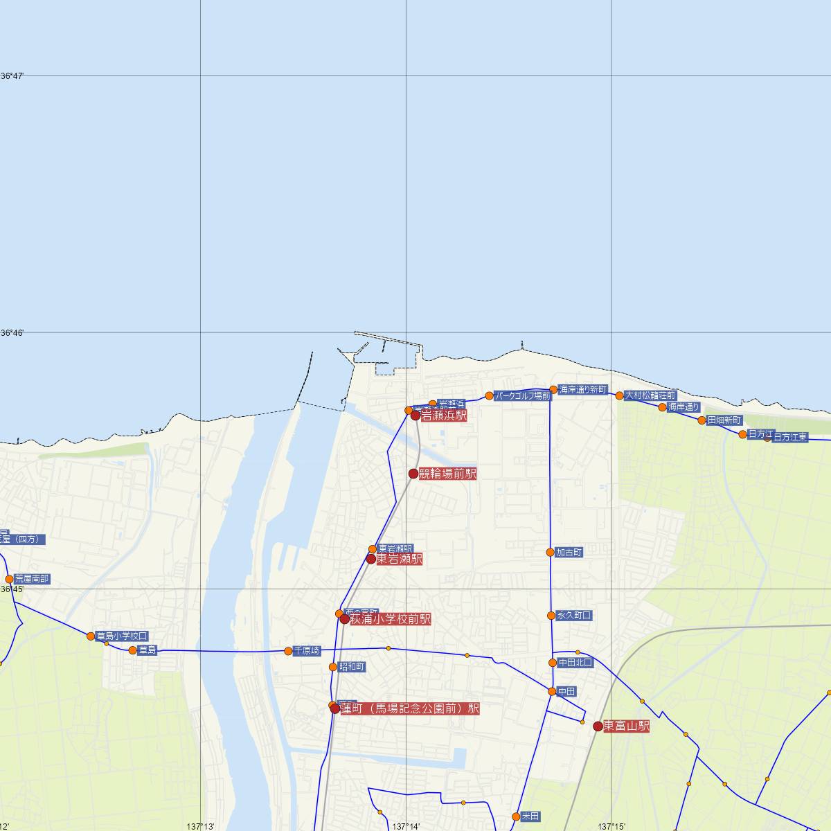 岩瀬浜駅（富山地方鉄道）周辺のバス路線図