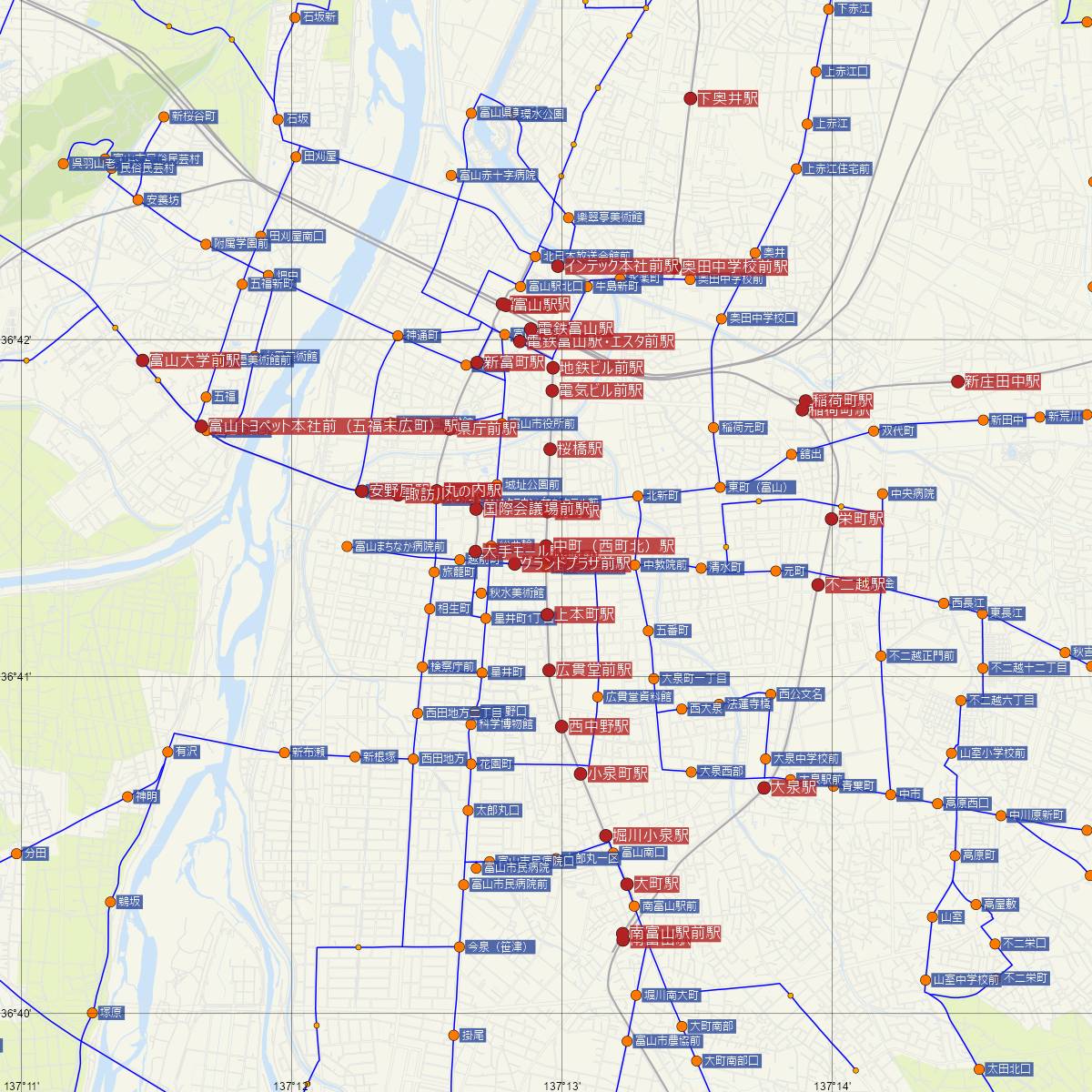 中町（西町北）駅（富山地方鉄道）周辺のバス路線図