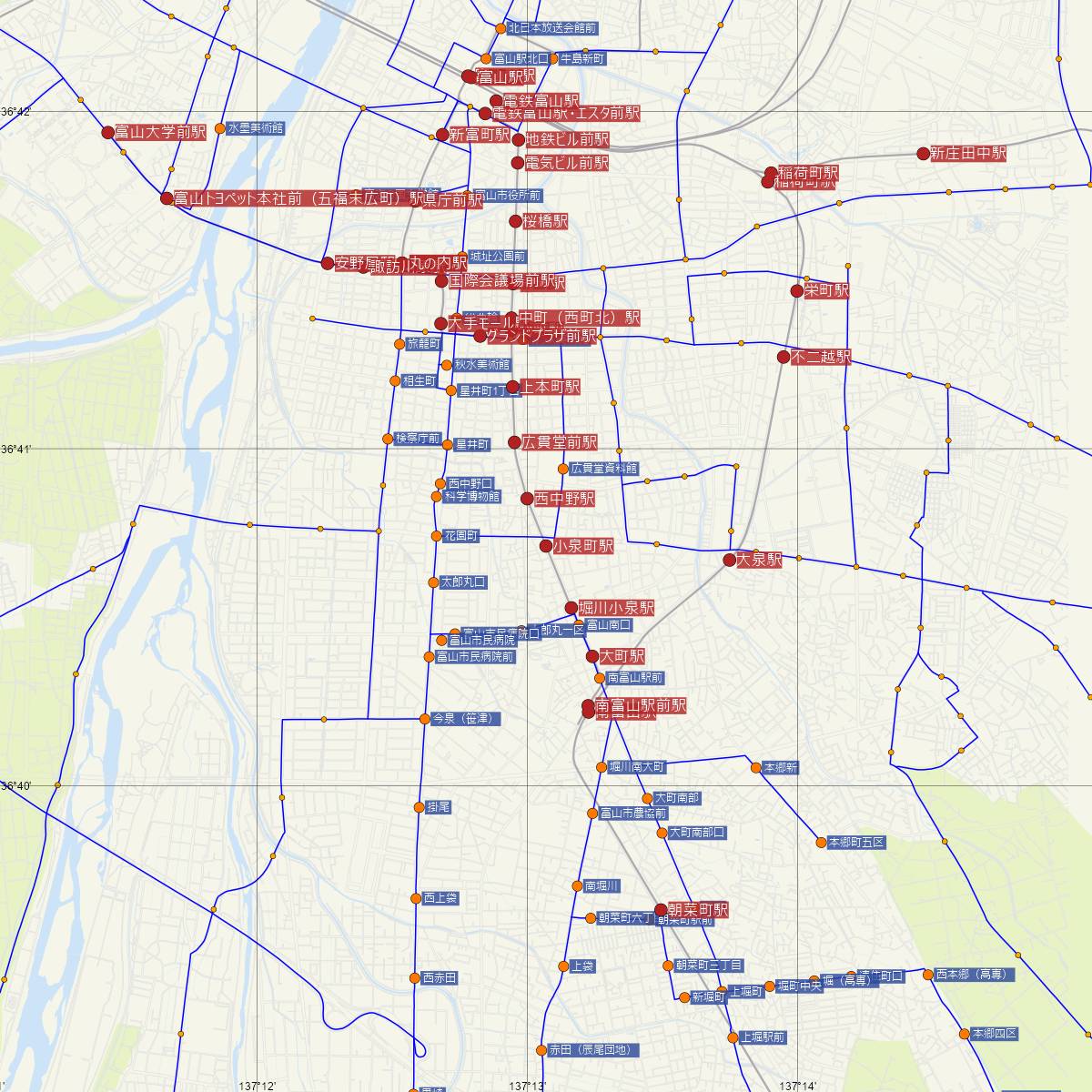 小泉町駅（富山地方鉄道）周辺のバス路線図