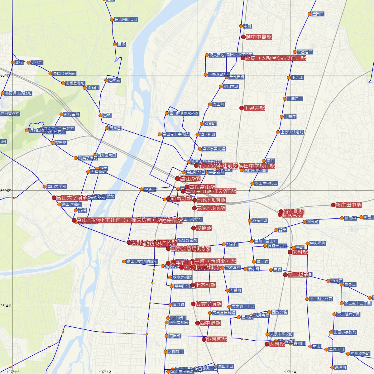 電鉄富山駅（富山地方鉄道）周辺のバス路線図