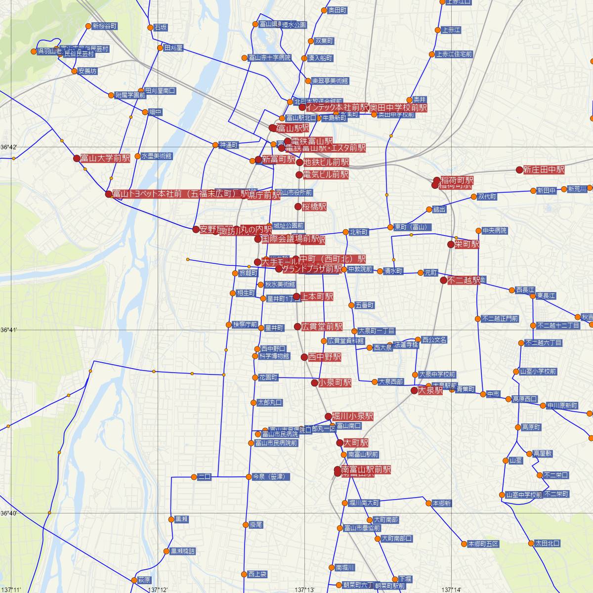 上本町駅（富山地方鉄道）周辺のバス路線図