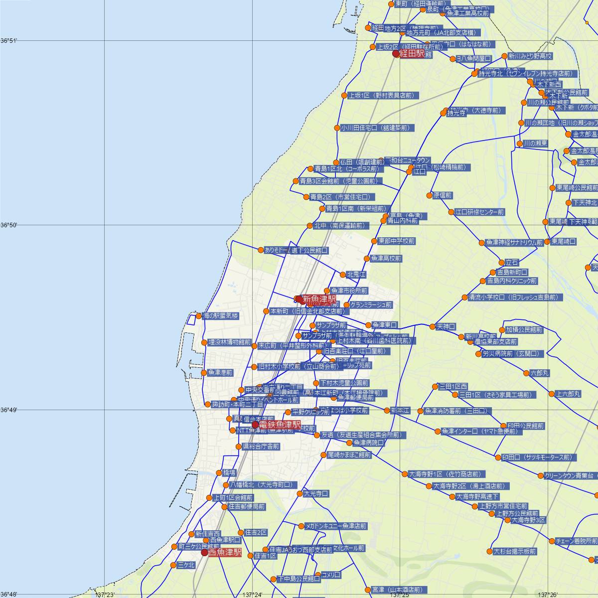新魚津駅（富山地方鉄道）周辺のバス路線図