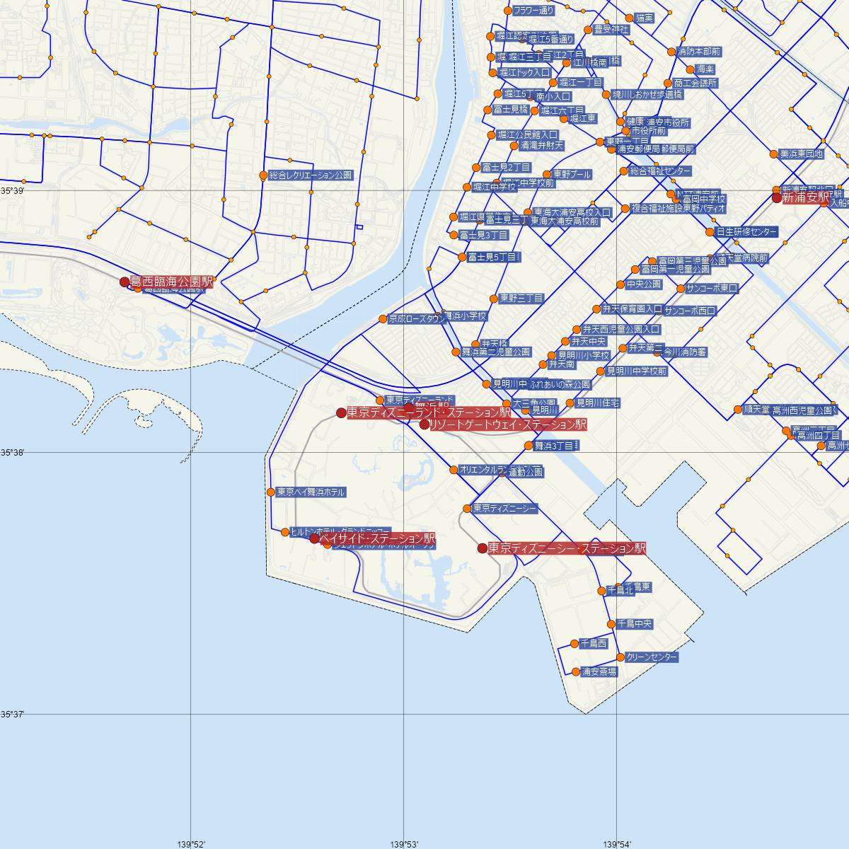 リゾートゲートウェイ･ステーション駅（ディズニーリゾートライン）周辺のバス路線図