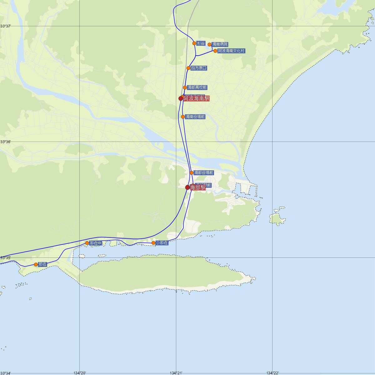 海部駅（阿佐海岸鉄道）周辺のバス路線図