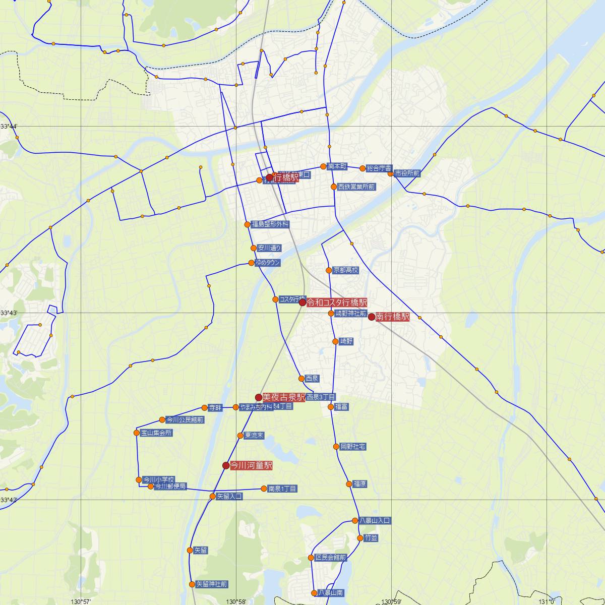 令和コスタ行橋駅（平成筑豊鉄道）周辺のバス路線図