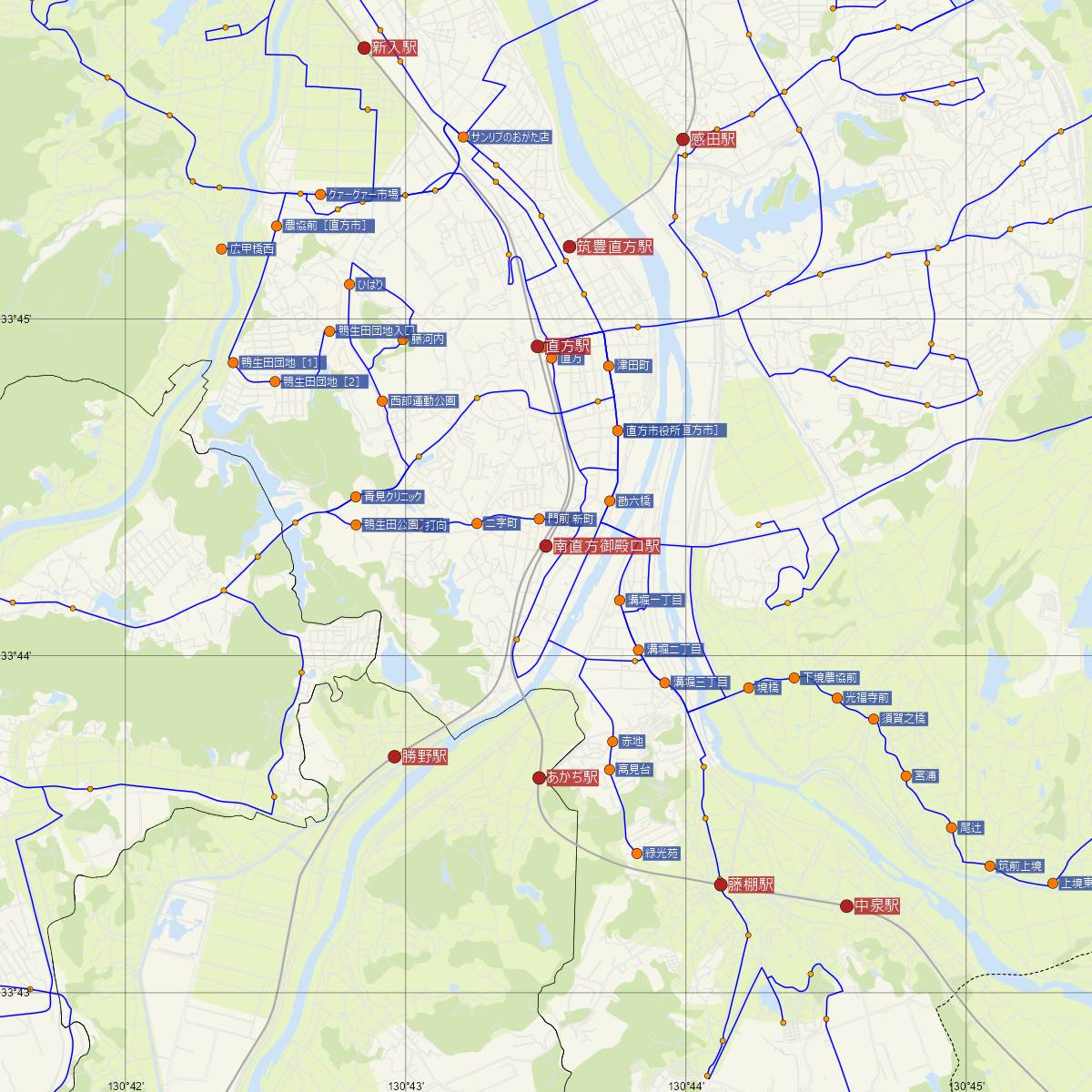 南直方御殿口駅（平成筑豊鉄道）周辺のバス路線図