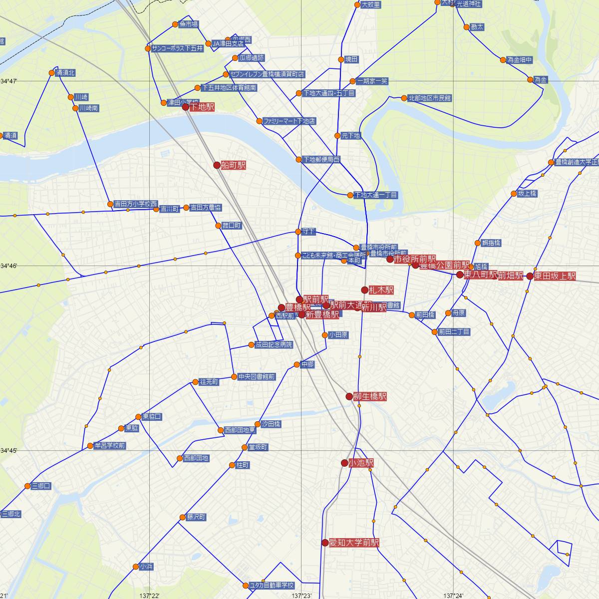 駅前駅（豊橋鉄道）周辺のバス路線図