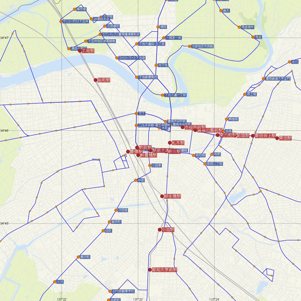 駅前大通駅（豊橋鉄道）周辺のバス路線図