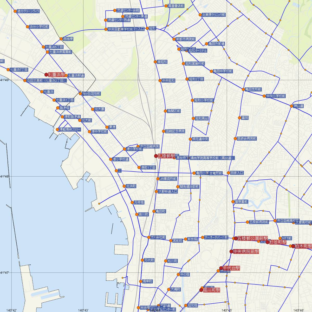 五稜郭駅（道南いさりび鉄道）周辺のバス路線図