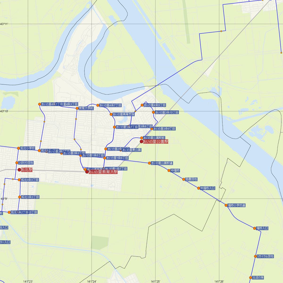 あいの里公園駅（JR北海道）周辺のバス路線図