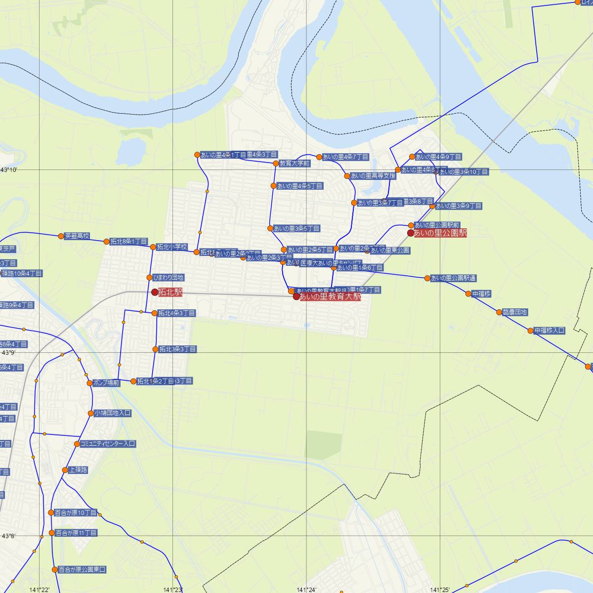 あいの里教育大駅（JR北海道）周辺のバス路線図