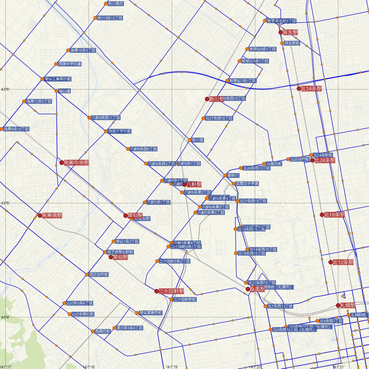 八軒駅（JR北海道）周辺のバス路線図