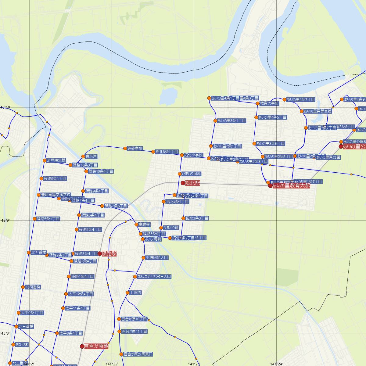 拓北駅（JR北海道）周辺のバス路線図