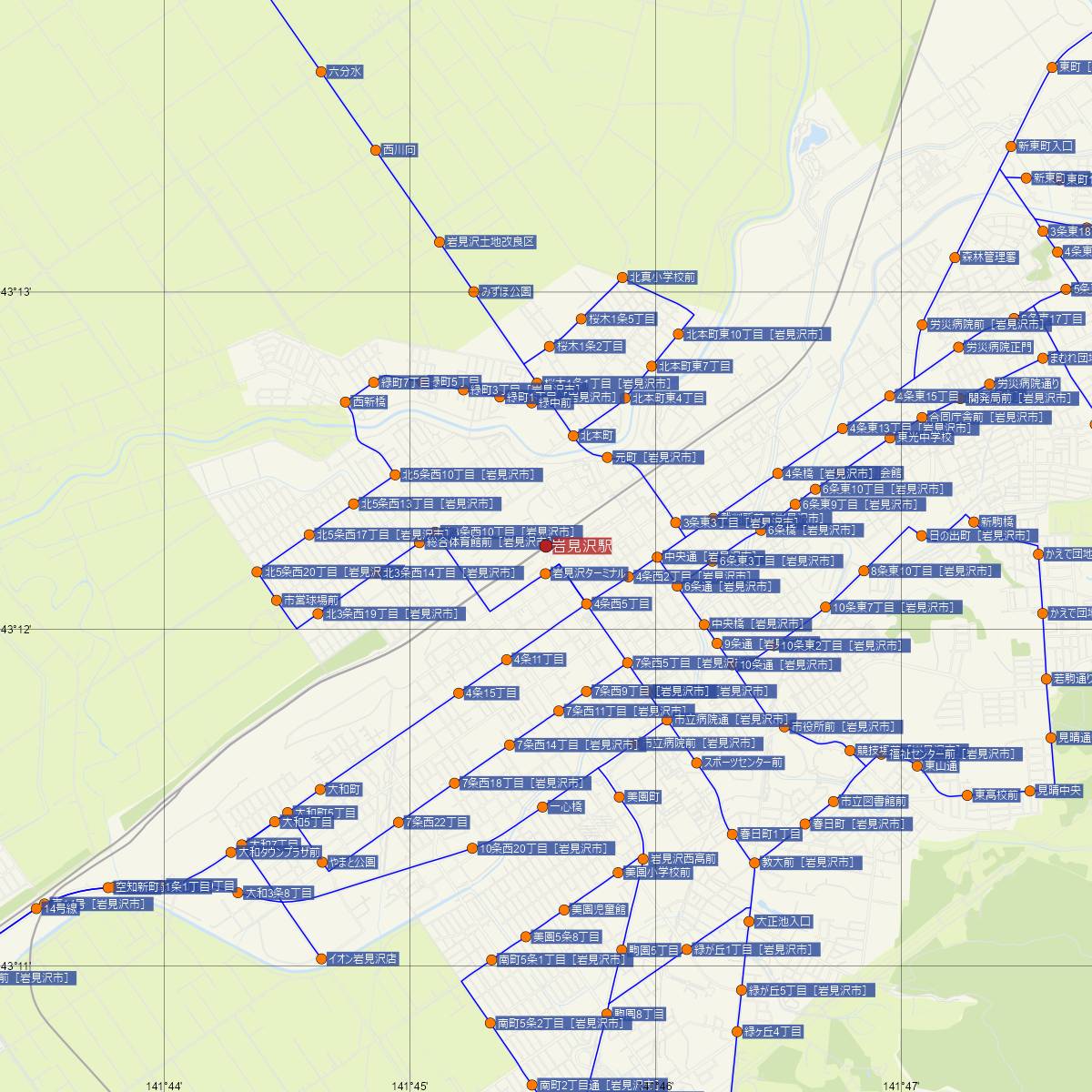 岩見沢駅（JR北海道）周辺のバス路線図