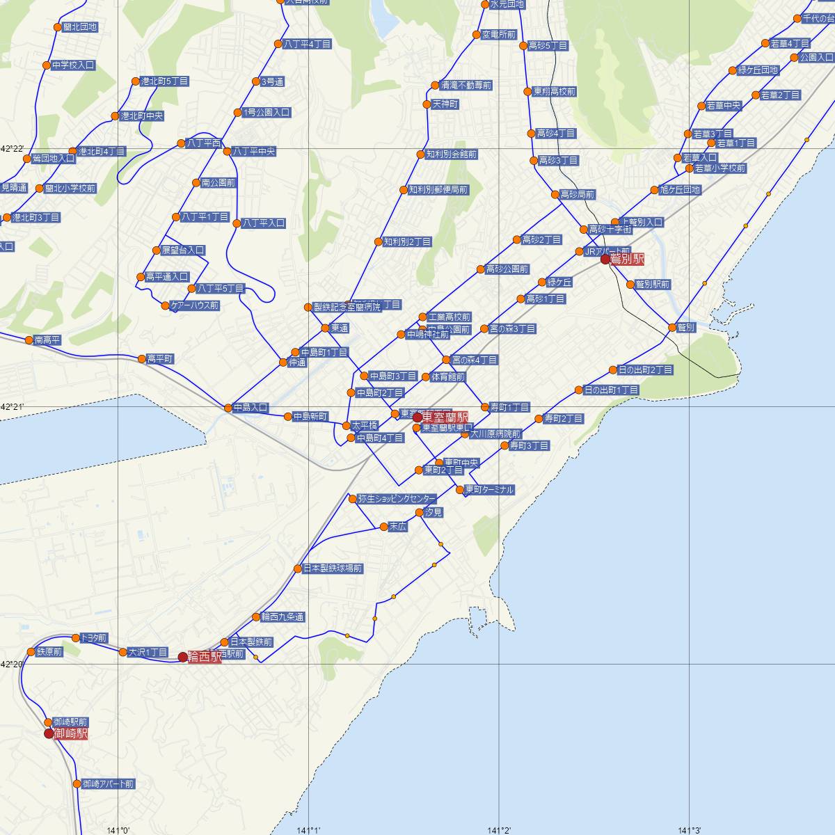 東室蘭駅（JR北海道）周辺のバス路線図