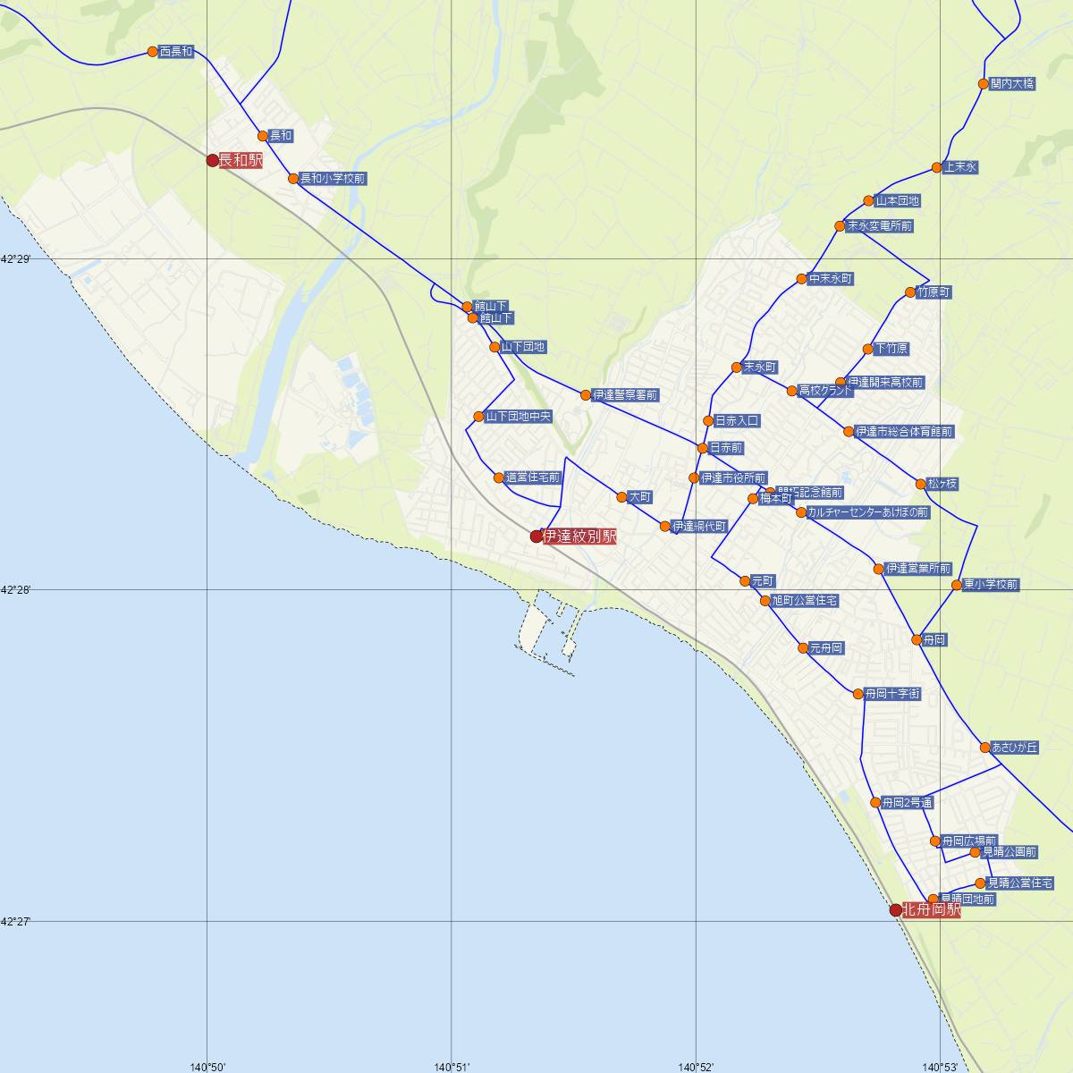 伊達紋別駅（JR北海道）周辺のバス路線図