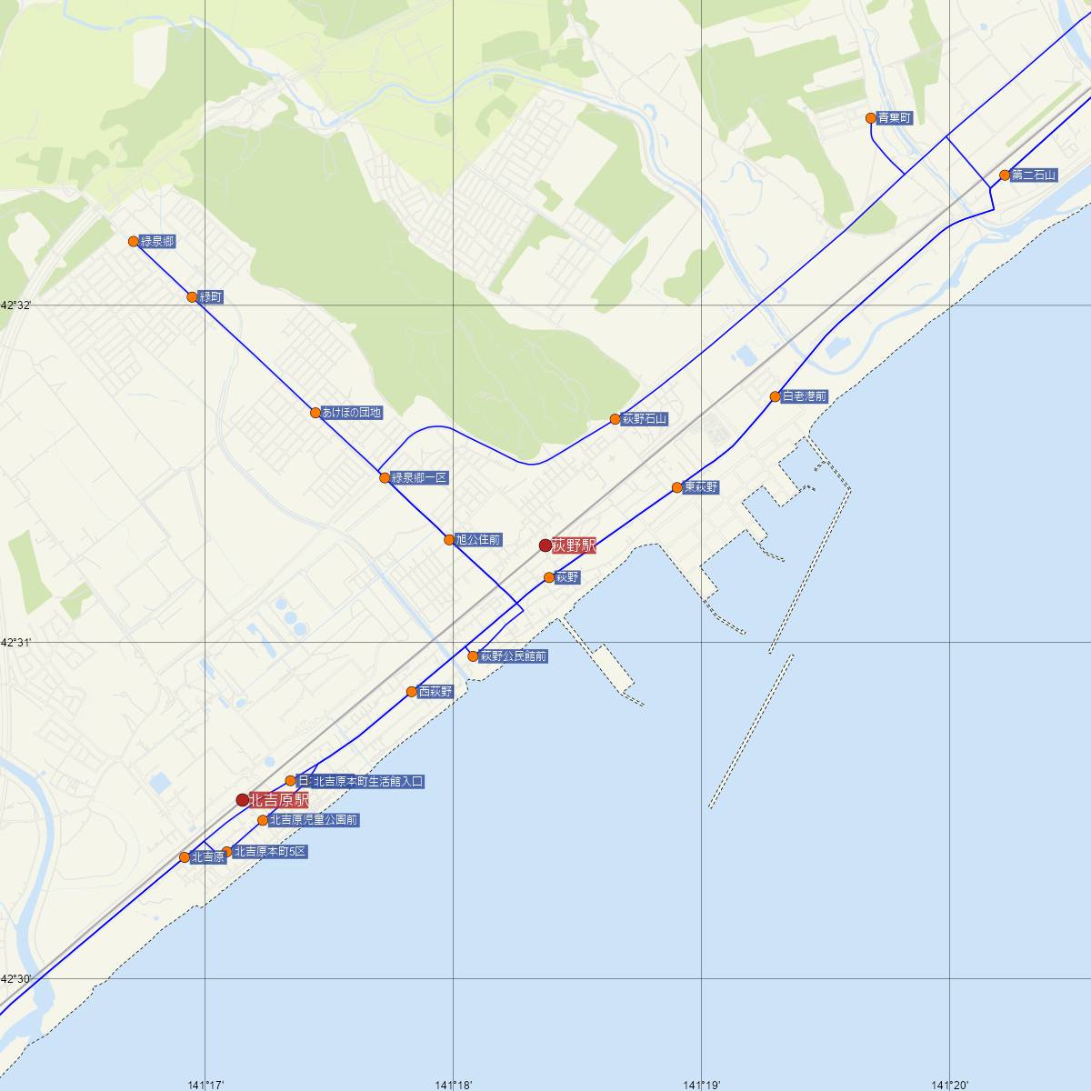 萩野駅（JR北海道）周辺のバス路線図