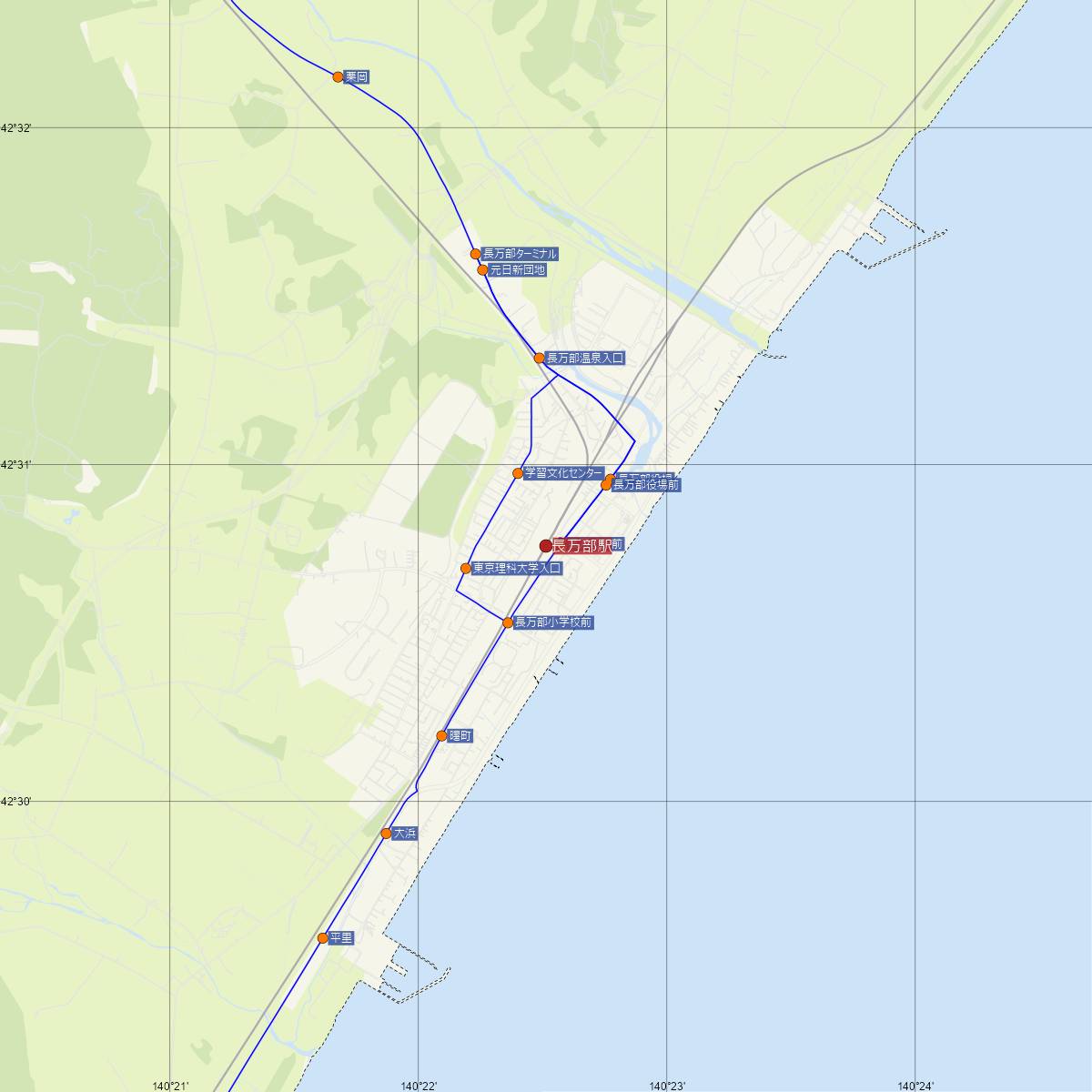 長万部駅（JR北海道）周辺のバス路線図