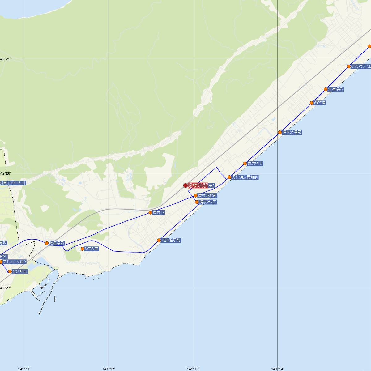 虎杖浜駅（JR北海道）周辺のバス路線図