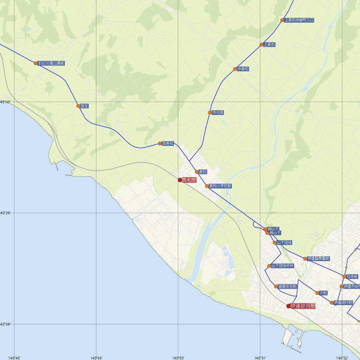 長和駅（JR北海道）周辺のバス路線図