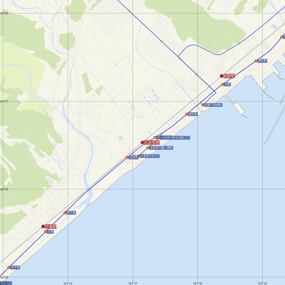 北吉原駅（JR北海道）周辺のバス路線図