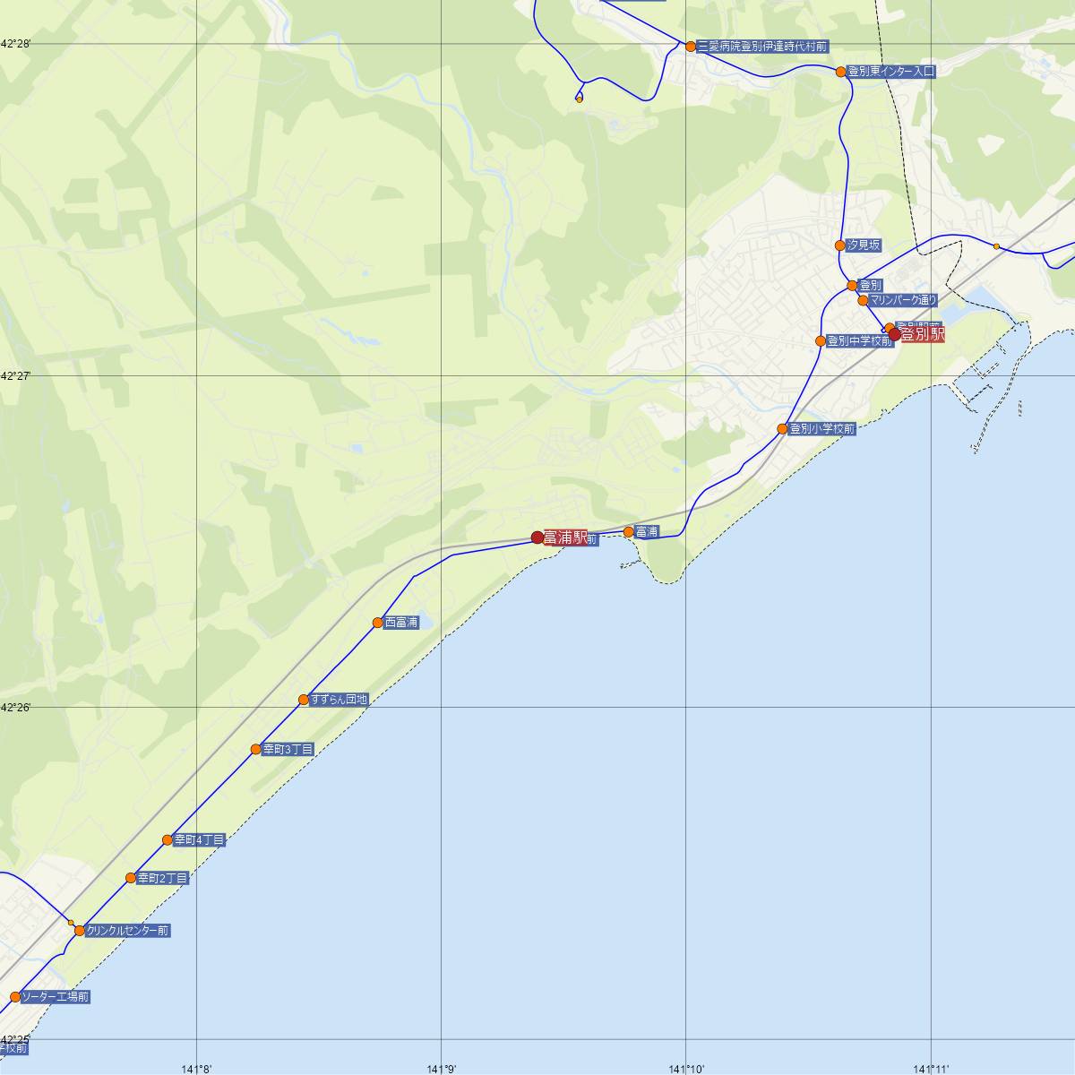 富浦駅（JR北海道）周辺のバス路線図