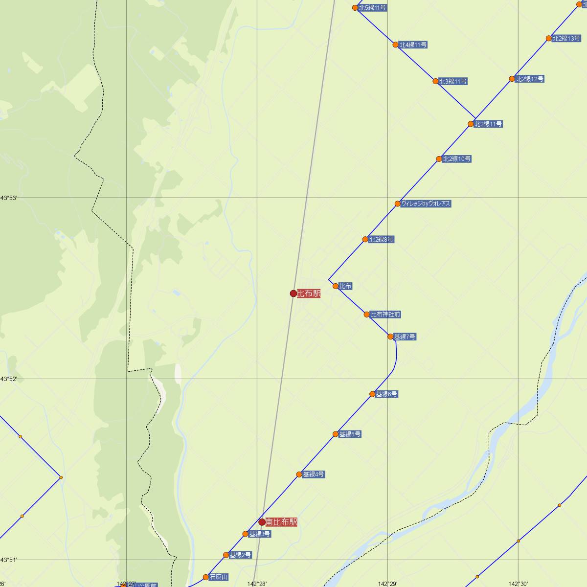 比布駅（JR北海道）周辺のバス路線図