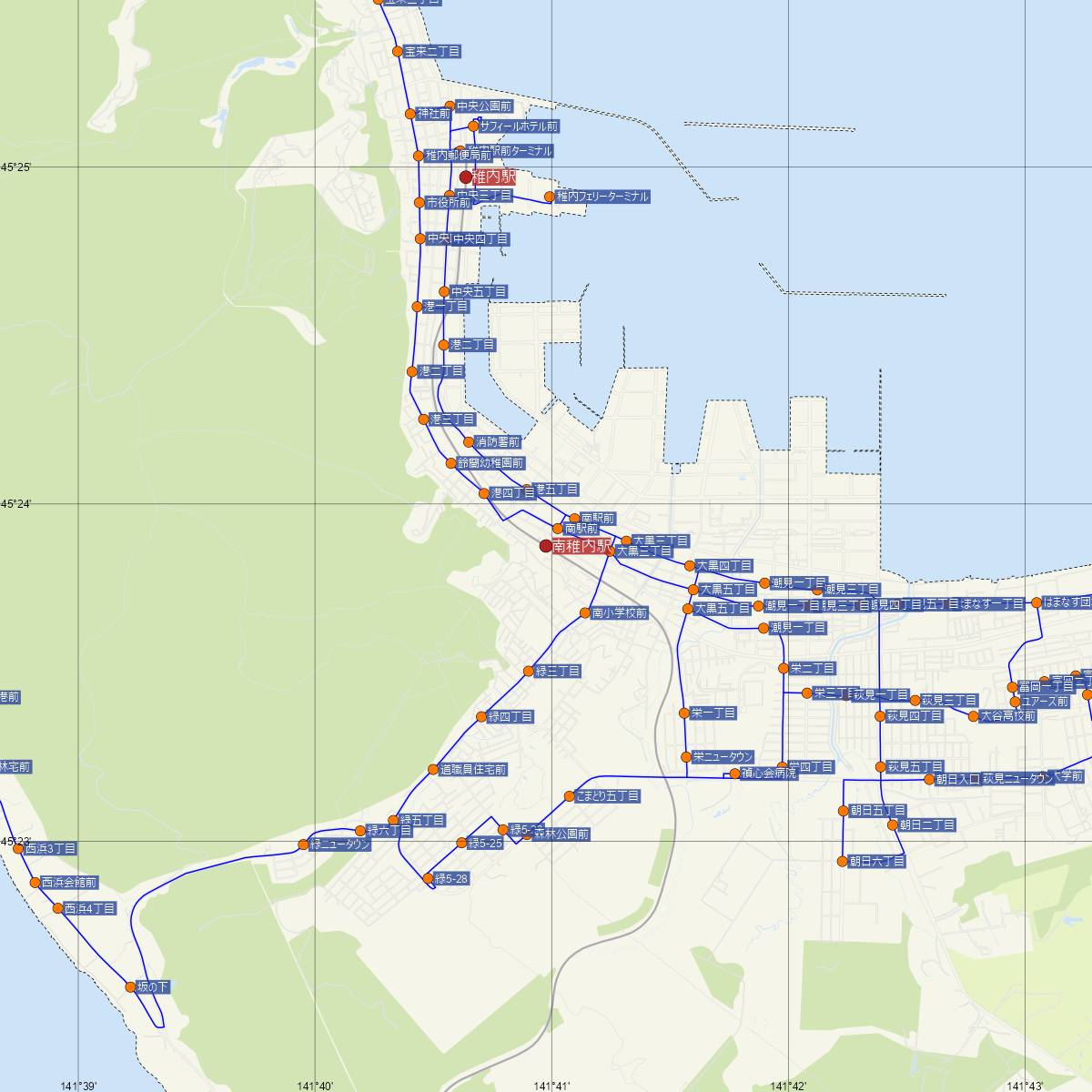 南稚内駅（JR北海道）周辺のバス路線図